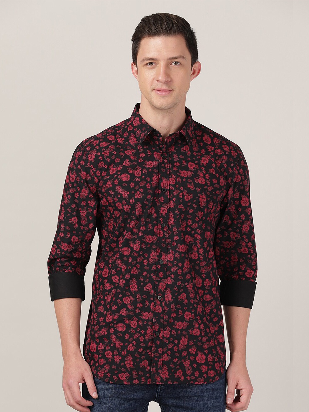 

MERCHANT MARINE Men Classic Slim Fit Floral Printed Casual Cotton Shirt, Red