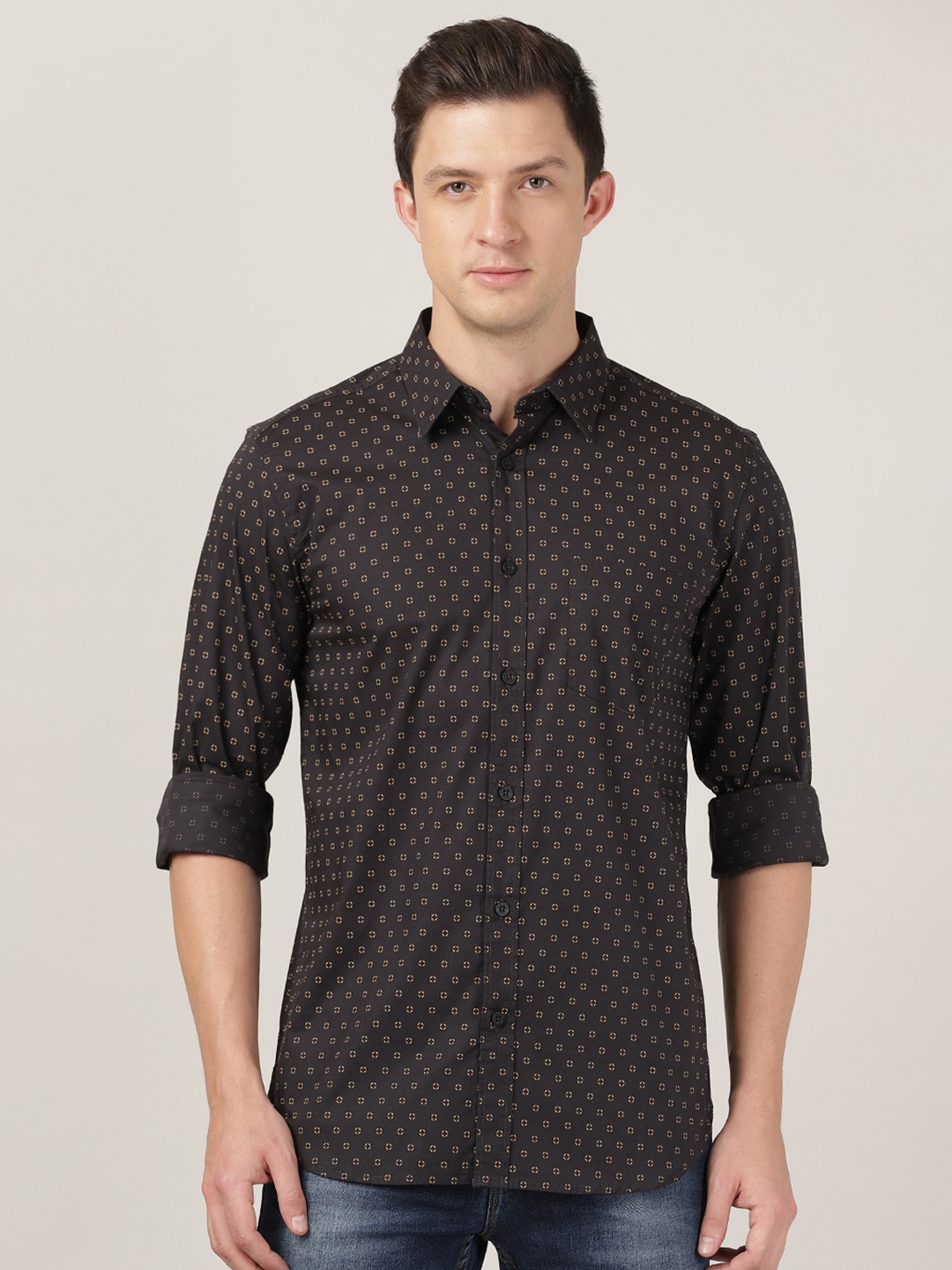 

MERCHANT MARINE Men Spread Collar Classic Slim Fit Printed Casual Shirt, Brown