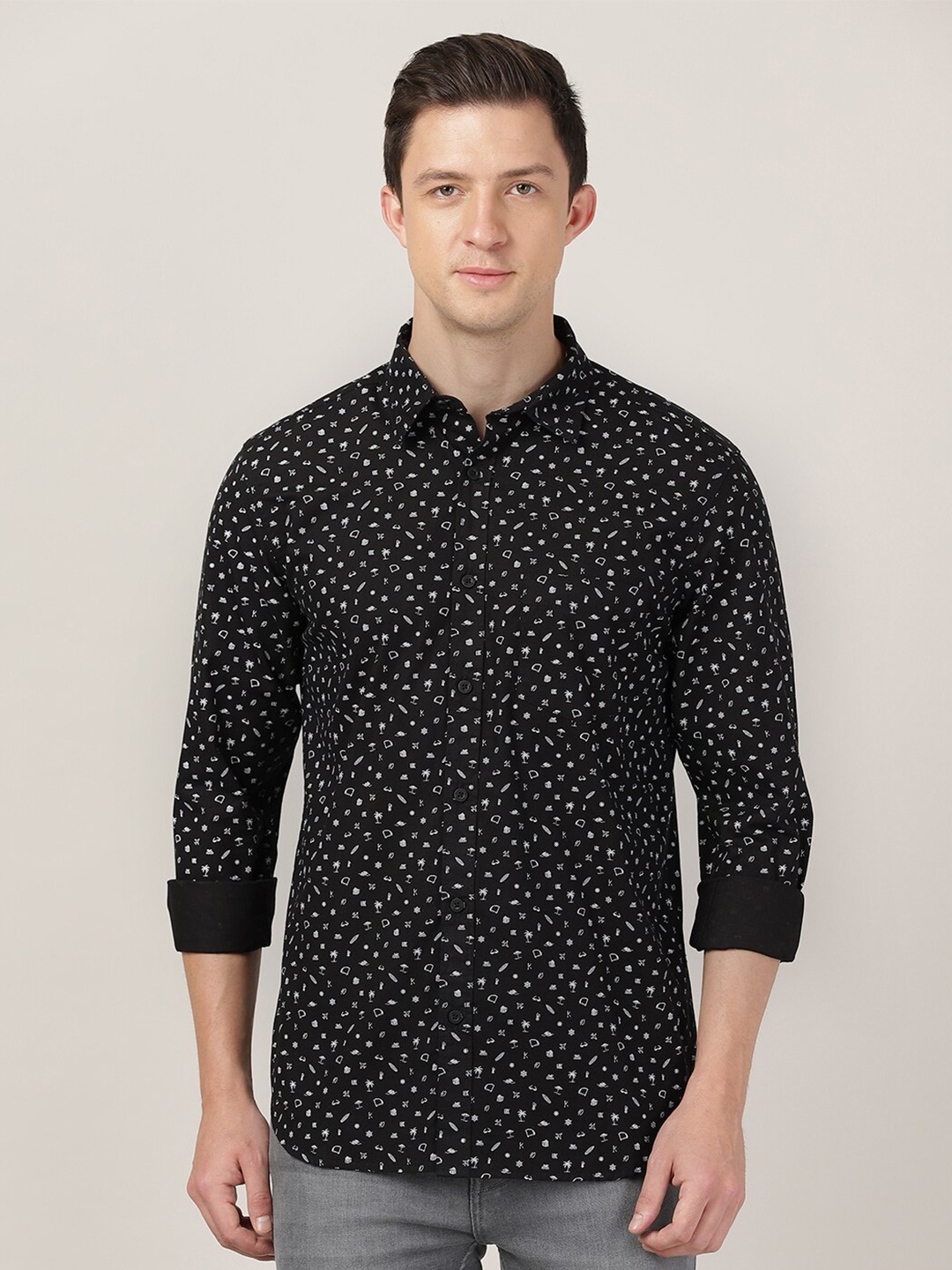 

MERCHANT MARINE Men Slim Fit Printed Pure Cotton Casual Shirt, Black