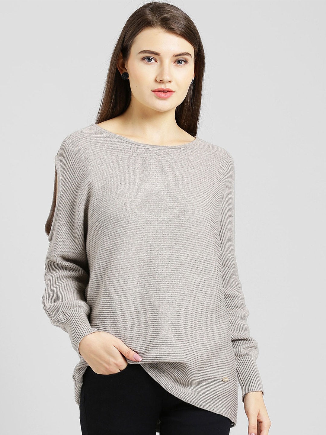 

Be Indi Women Striped Longline Pullover, Beige