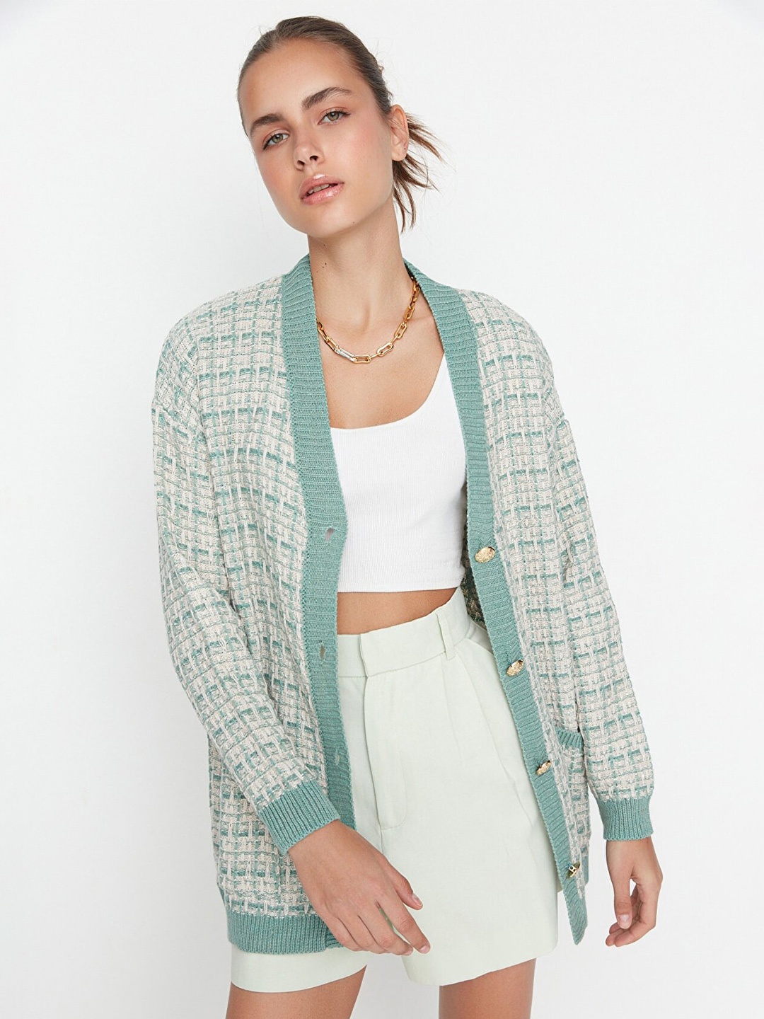 

Trendyol Women Checked Longline Cardigan, Green