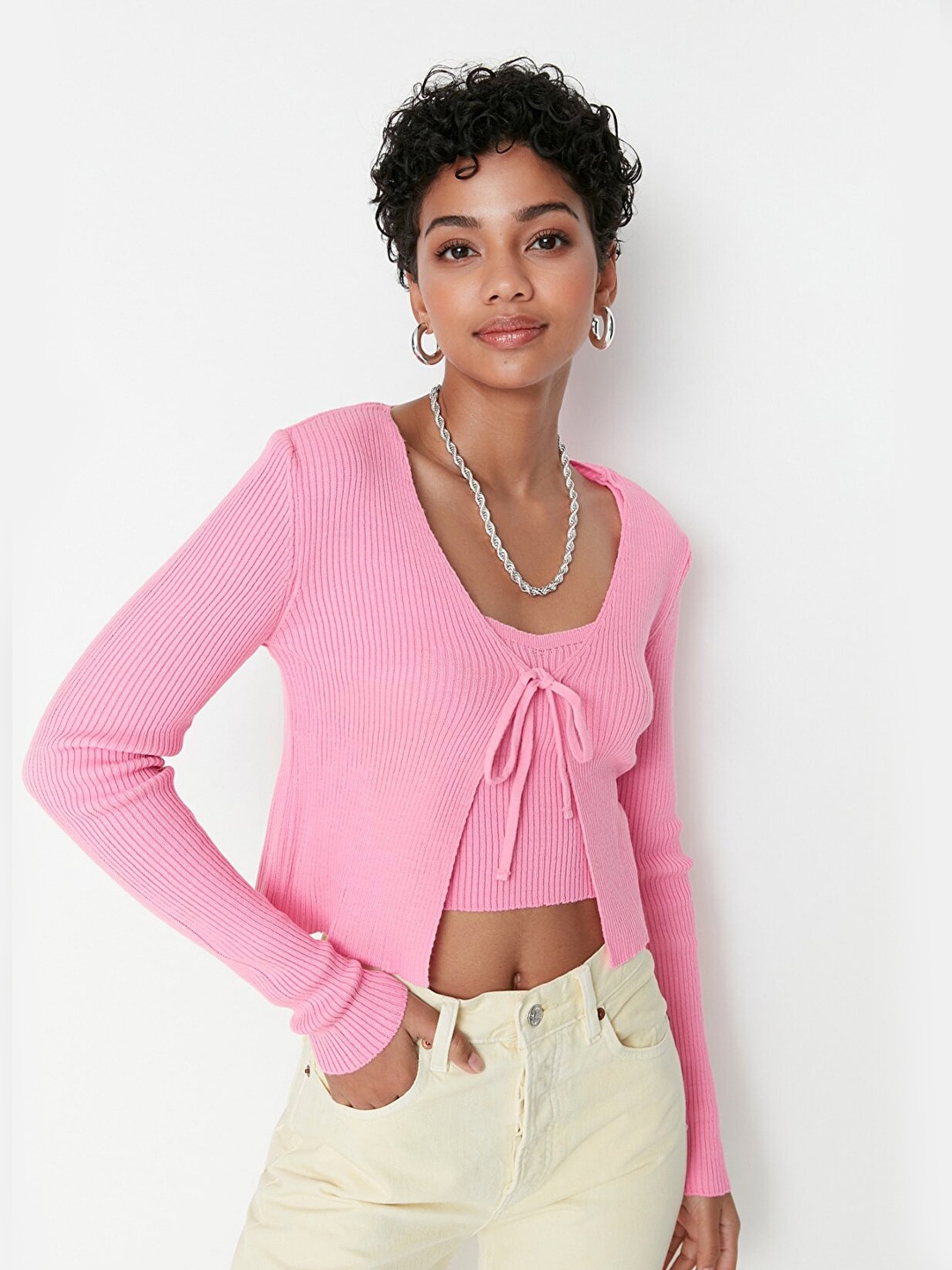 

Trendyol Women Tie-Up Ribbed Crop Top, Pink