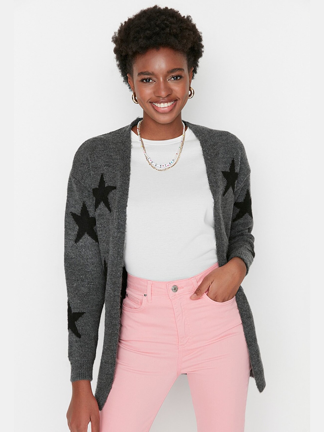

Trendyol Women Charcoal Conversational Print Longline Cardigan