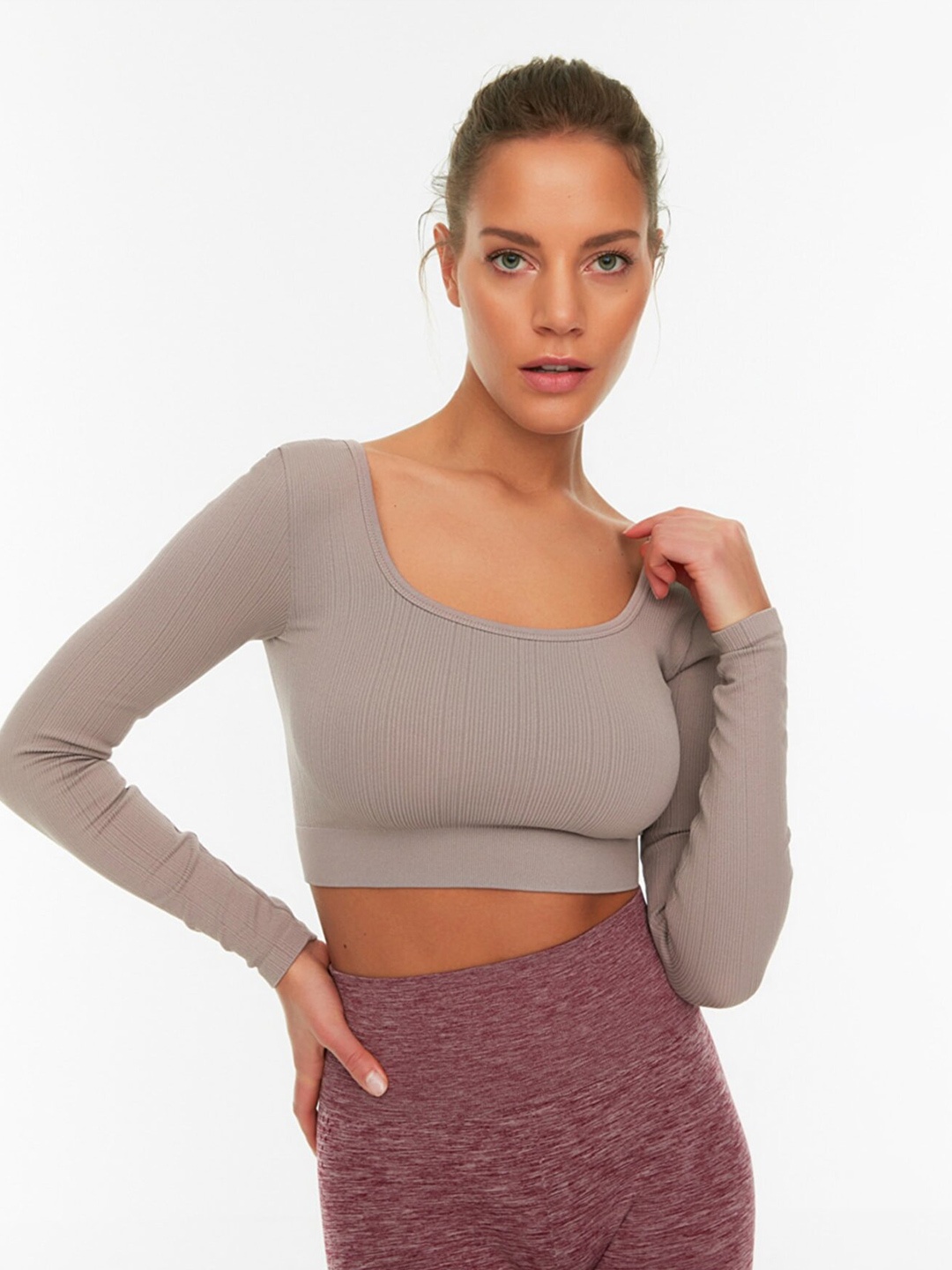 

Trendyol Women Solid Long Sleeves Crop Top, Taupe