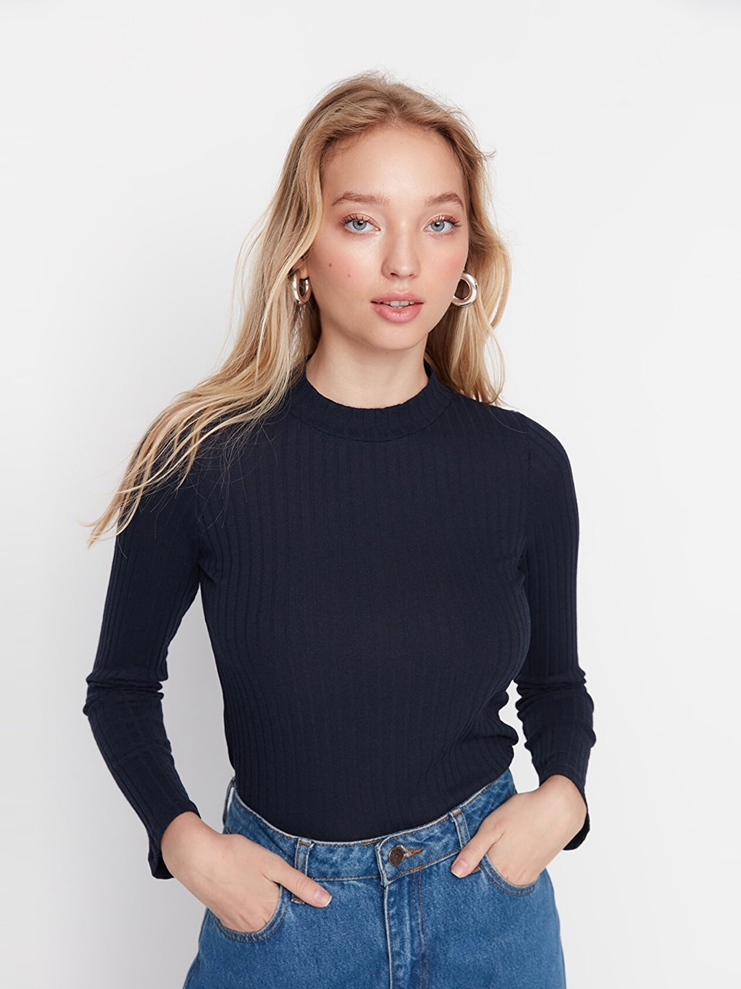 

Trendyol Women Striped Pure Cotton Top, Navy blue