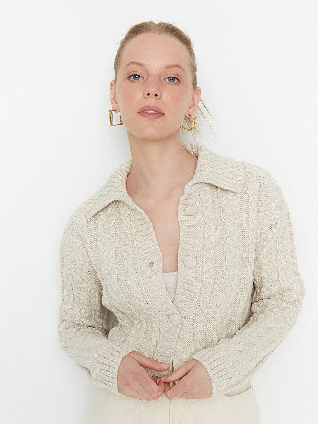 

Trendyol Women Shirt Style Crop Top, Beige