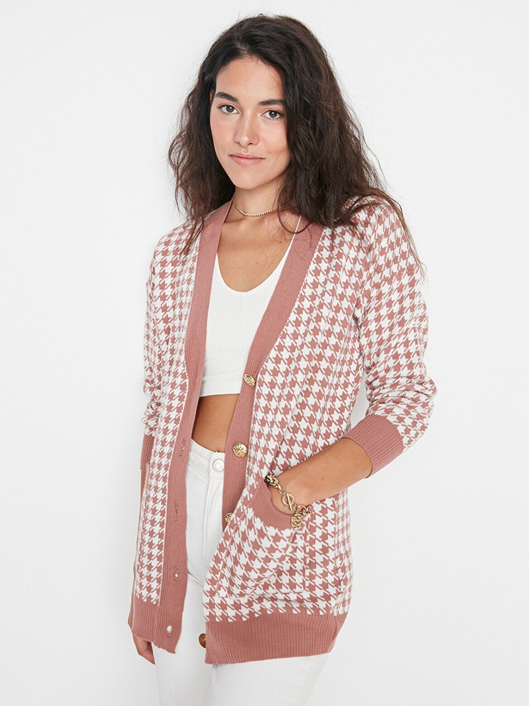 

Trendyol Women Checked Cardigan, Rose