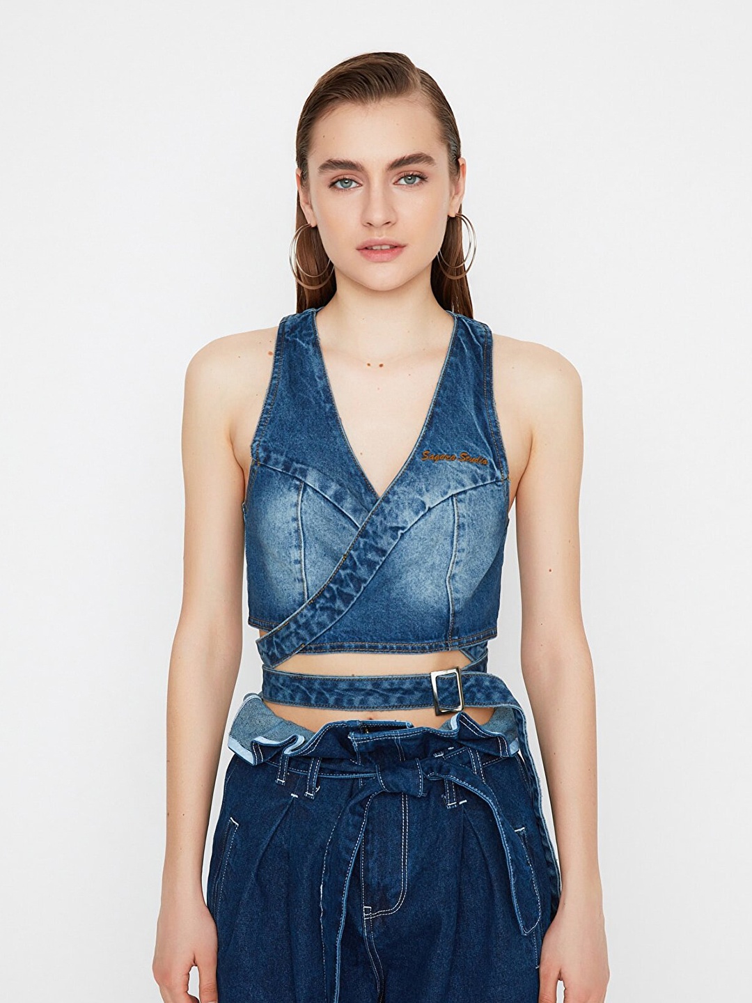 

Trendyol Women Cotton Wrap Crop Top, Blue
