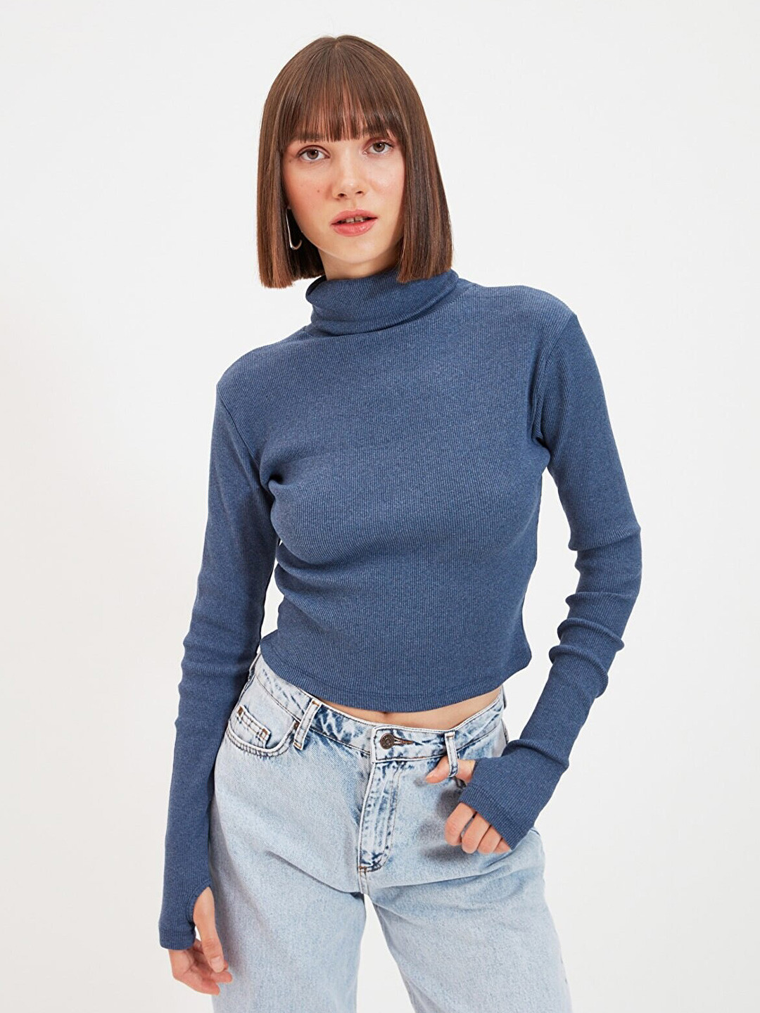 

Trendyol Women Blue Solid Cotton Blend Top