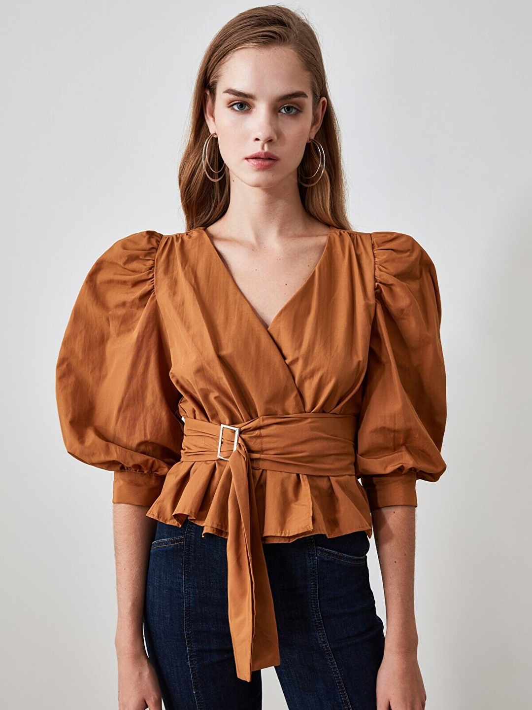 

Trendyol Women Cinched Waist Top, Camel brown