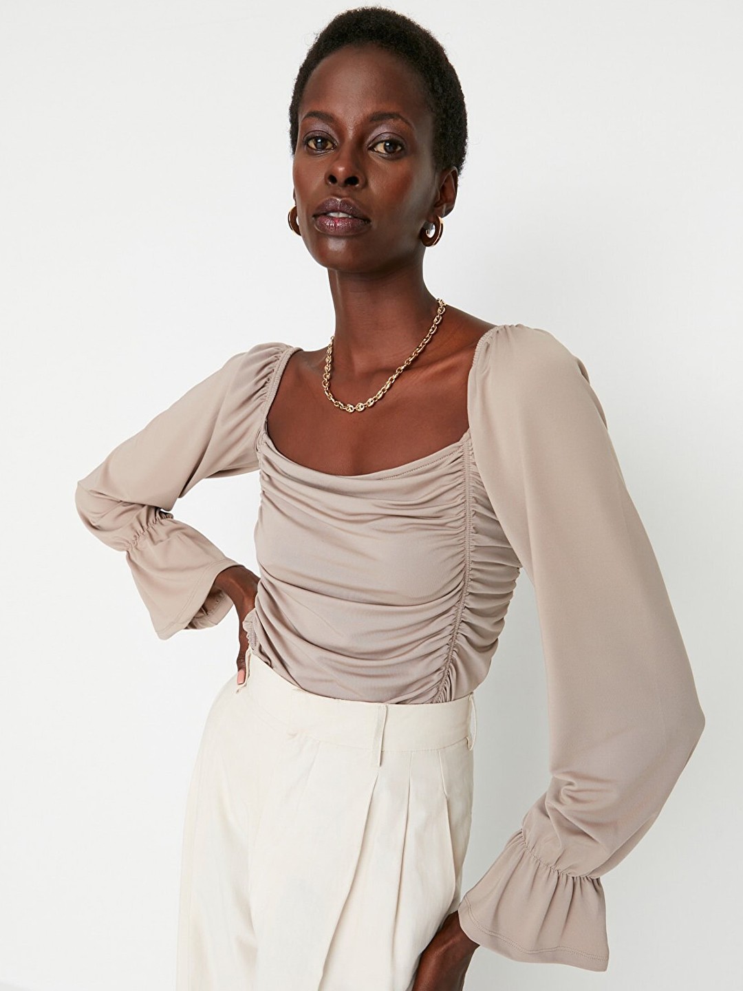 

Trendyol Women Square Neck Ruched Bell Sleeve Top, Beige