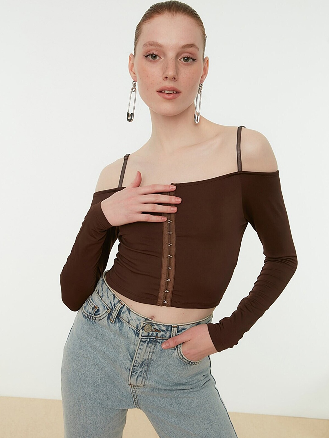 

Trendyol Women Bardot Crop Top, Brown