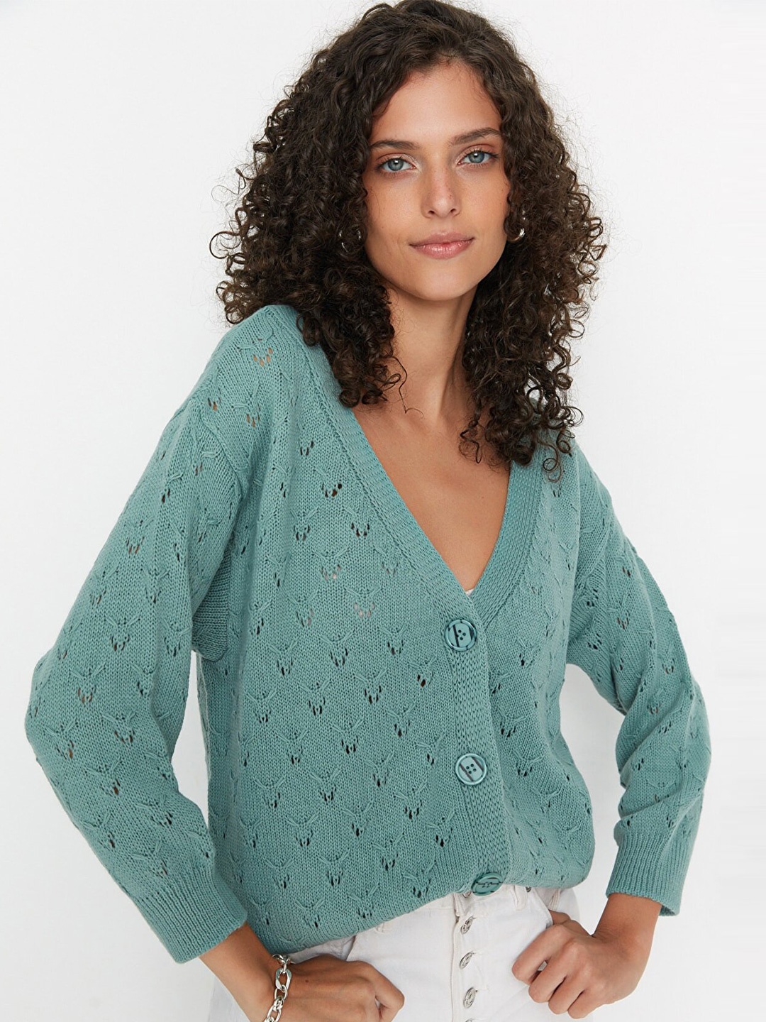 

Trendyol Women Green Open Knit V-Neck Cardigan