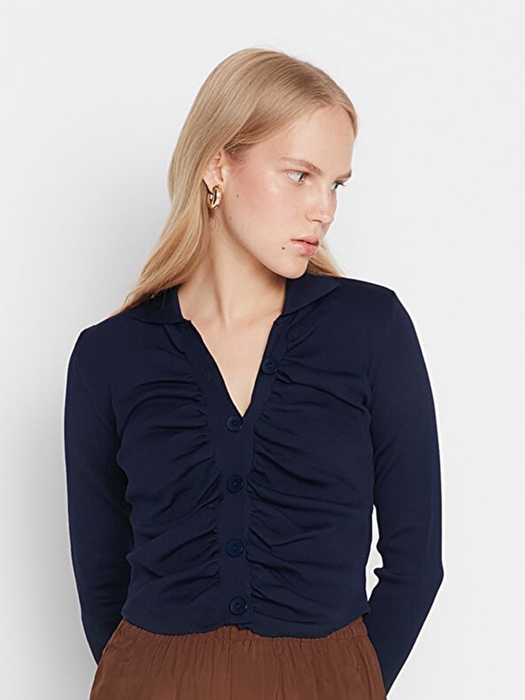 

Trendyol Women Solid Shirt Collar Crop Top, Navy blue