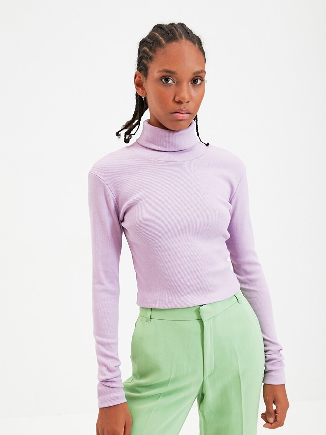 

Trendyol Women Solid Turtle Neck Fitted Crop Top, Lavender