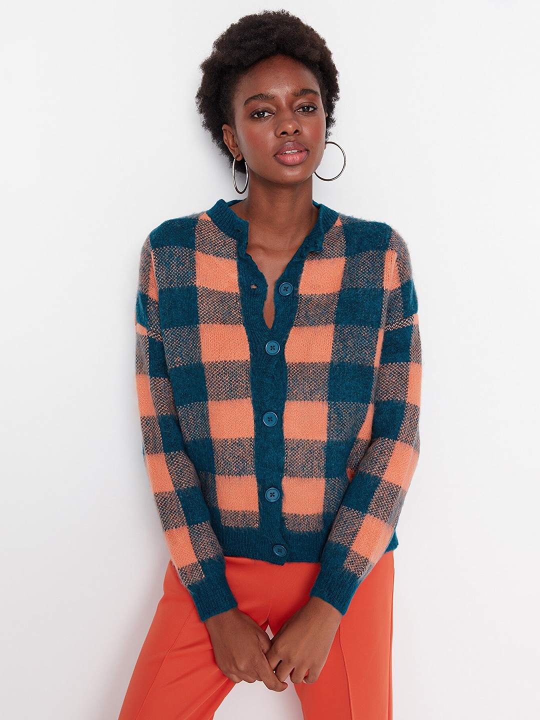 

Trendyol Women Checked Mandarin Collar Shirt Style Top, Blue