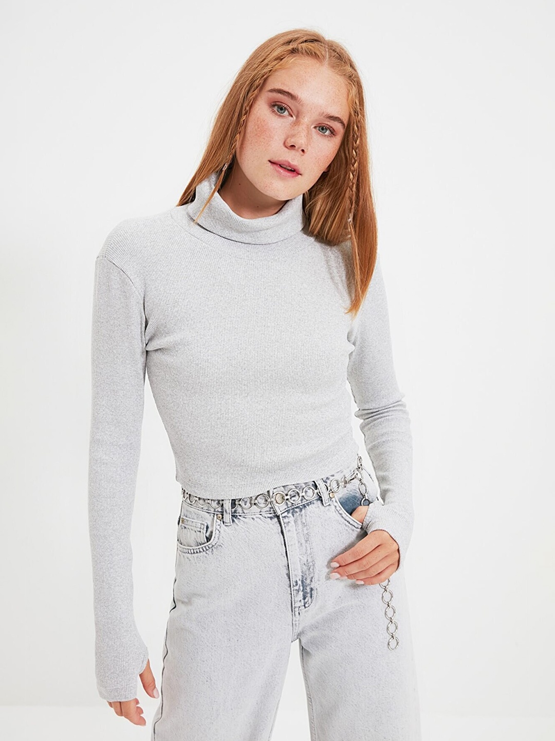 

Trendyol Women Solid Turtle Neck Long Sleeves Fitted Crop Top, Grey melange