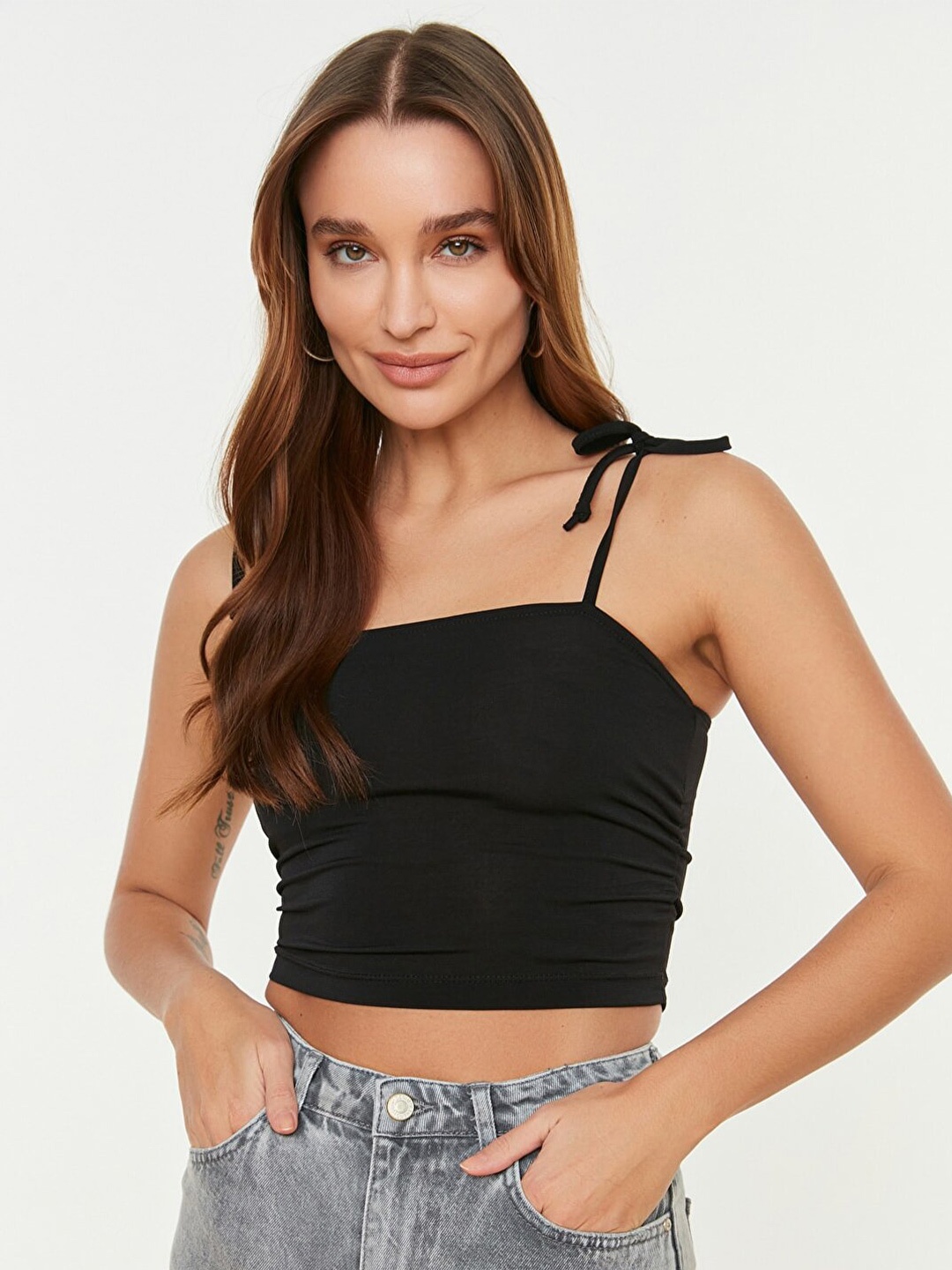 

Trendyol Women Solid Shoulder Straps Fitted Crop Top, Black