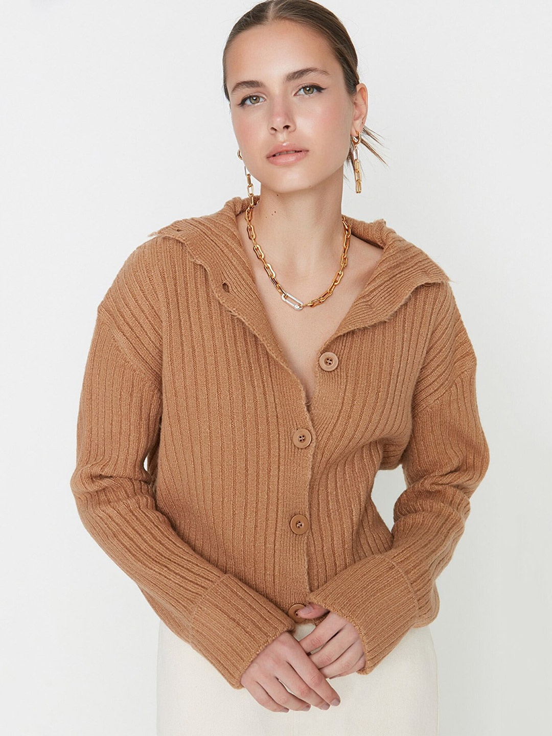 

Trendyol Women Camel Brown Striped Shirt Style Top