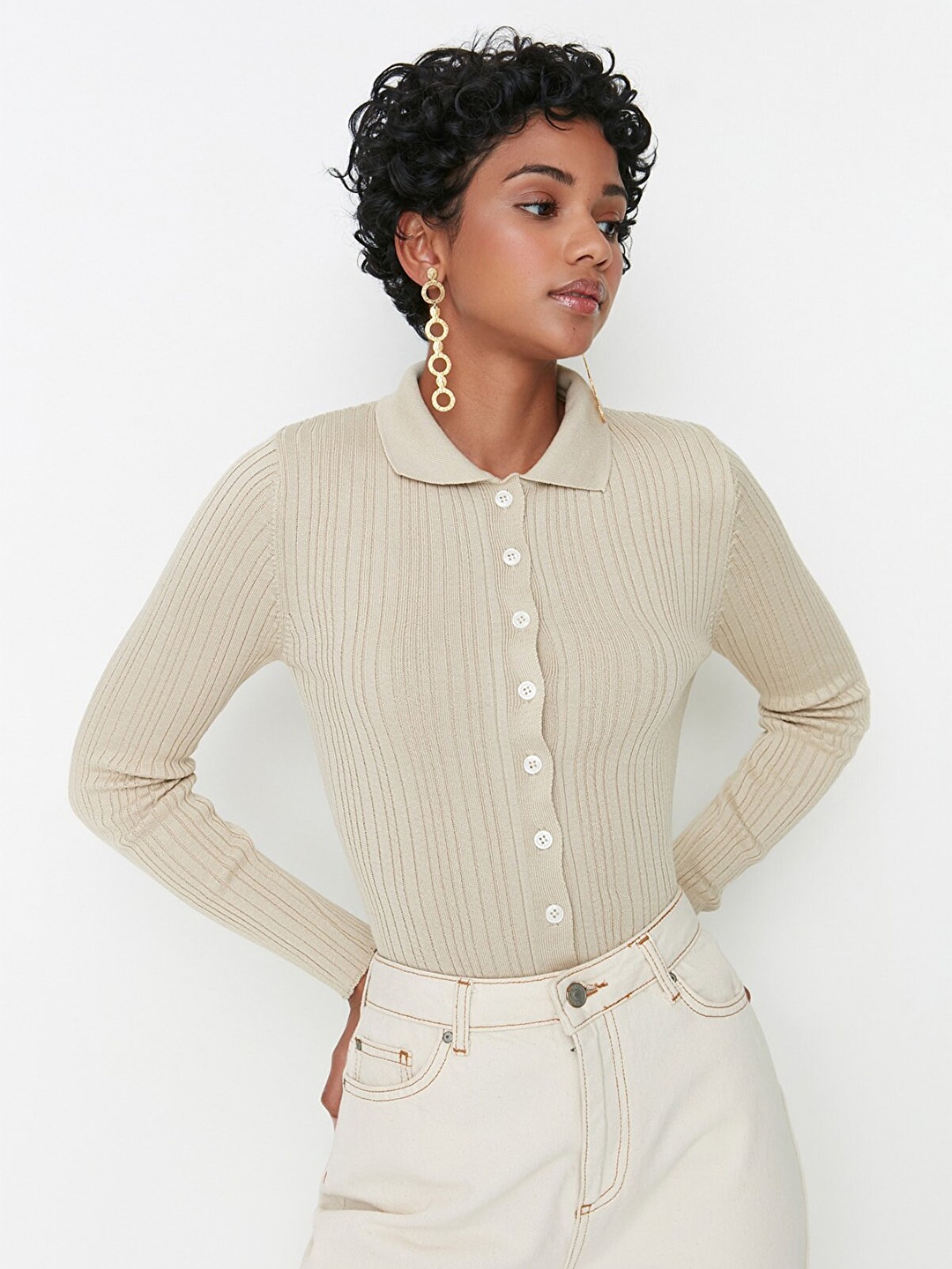 

Trendyol Women Grey Striped Shirt Style Top