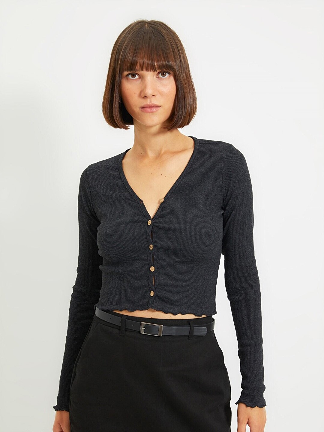 

Trendyol Women Solid V-Neck Fitted Crop Top, Charcoal