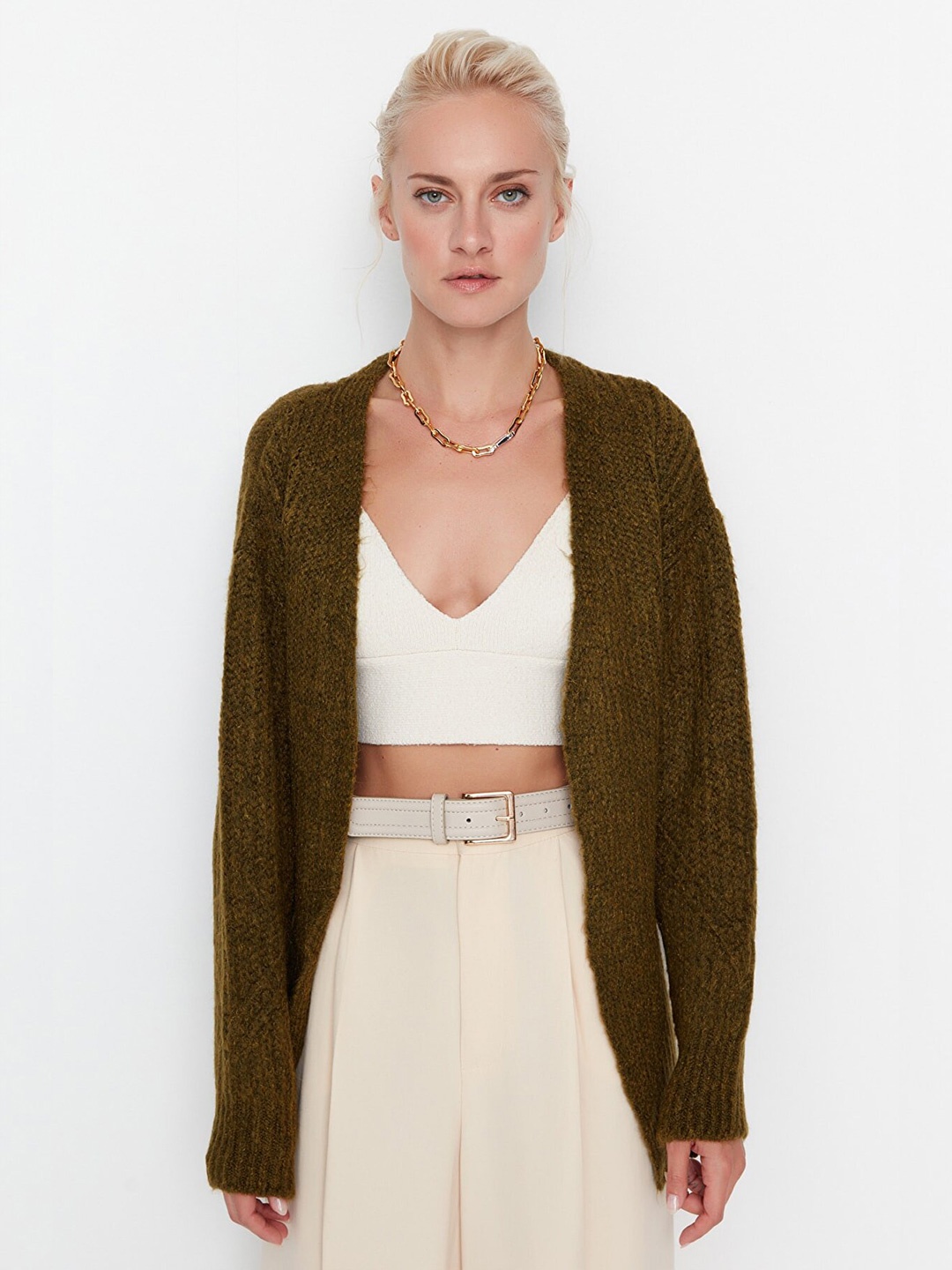 

Trendyol Women Olive Green Front-Open Cardigan