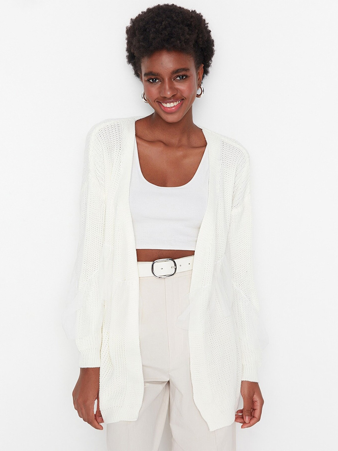

Trendyol Women Solid Ribbed Longline Open Front Sweater, Off white