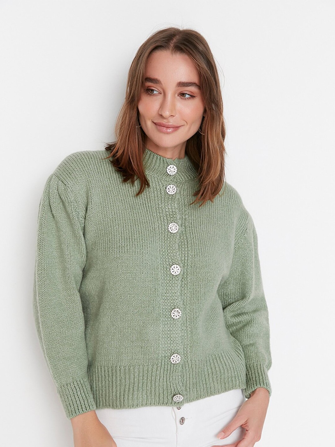 

Trendyol Green Striped Mandarin Collar Shirt Style Top