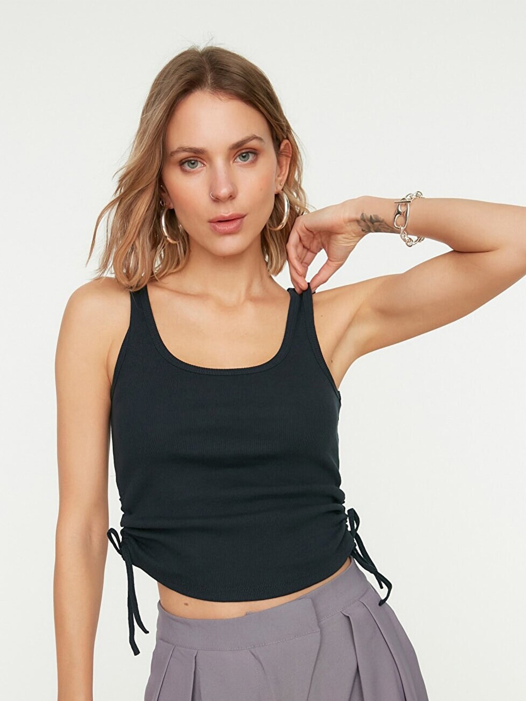 

Trendyol Women Solid Ruched Crop Top, Navy blue