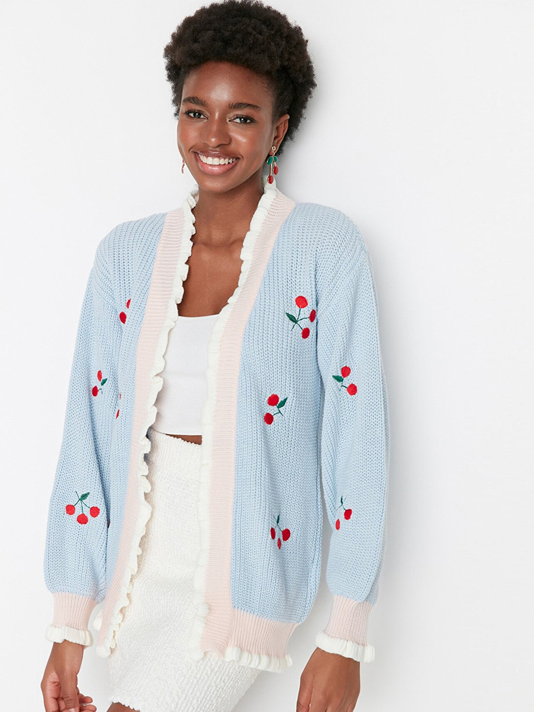 

Trendyol Blue Floral Mandarin Collar Shirt Style Top