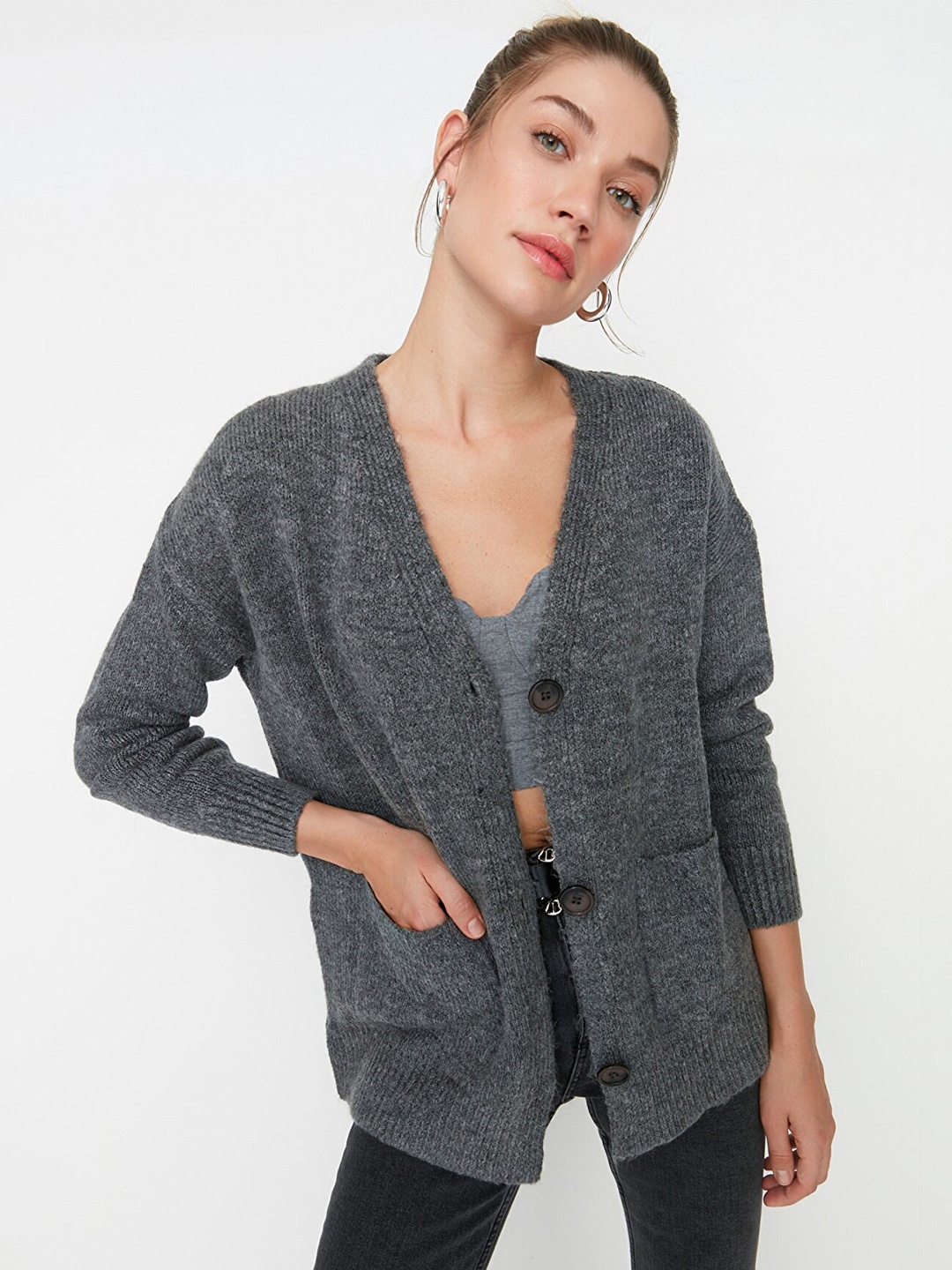 

Trendyol Charcoal Sweetheart Neck Top