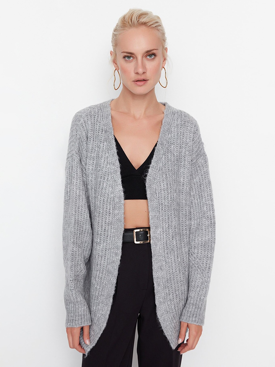 

Trendyol Women Grey Melange Self Design Acrylic Front-Open Sweater