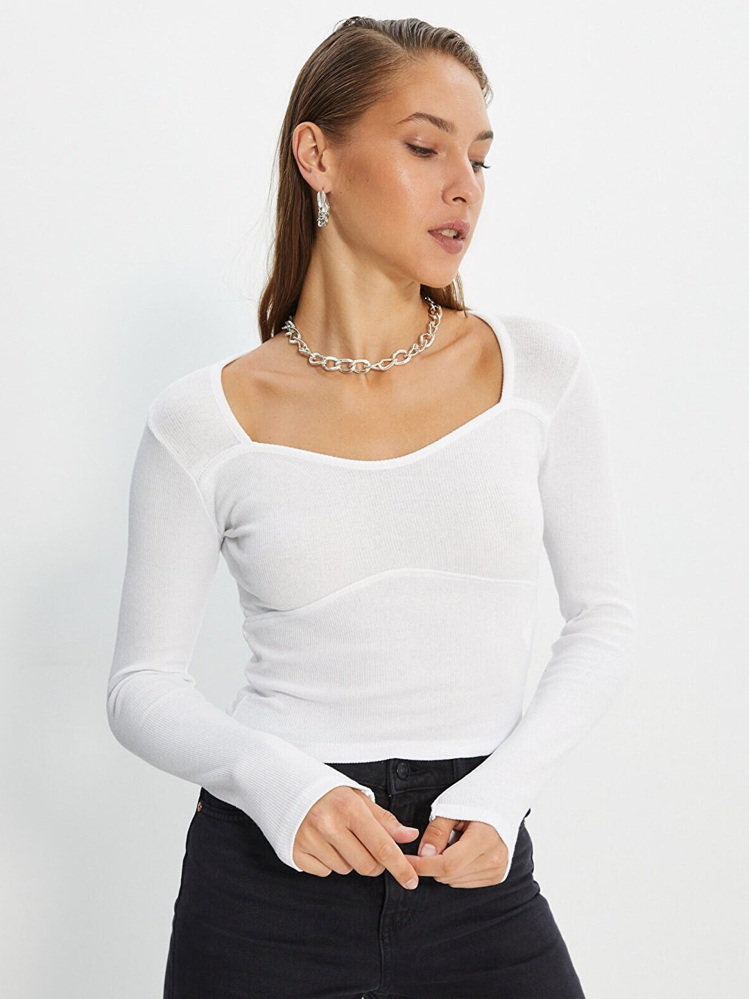 

Trendyol Women White Sweetheart Neck Top