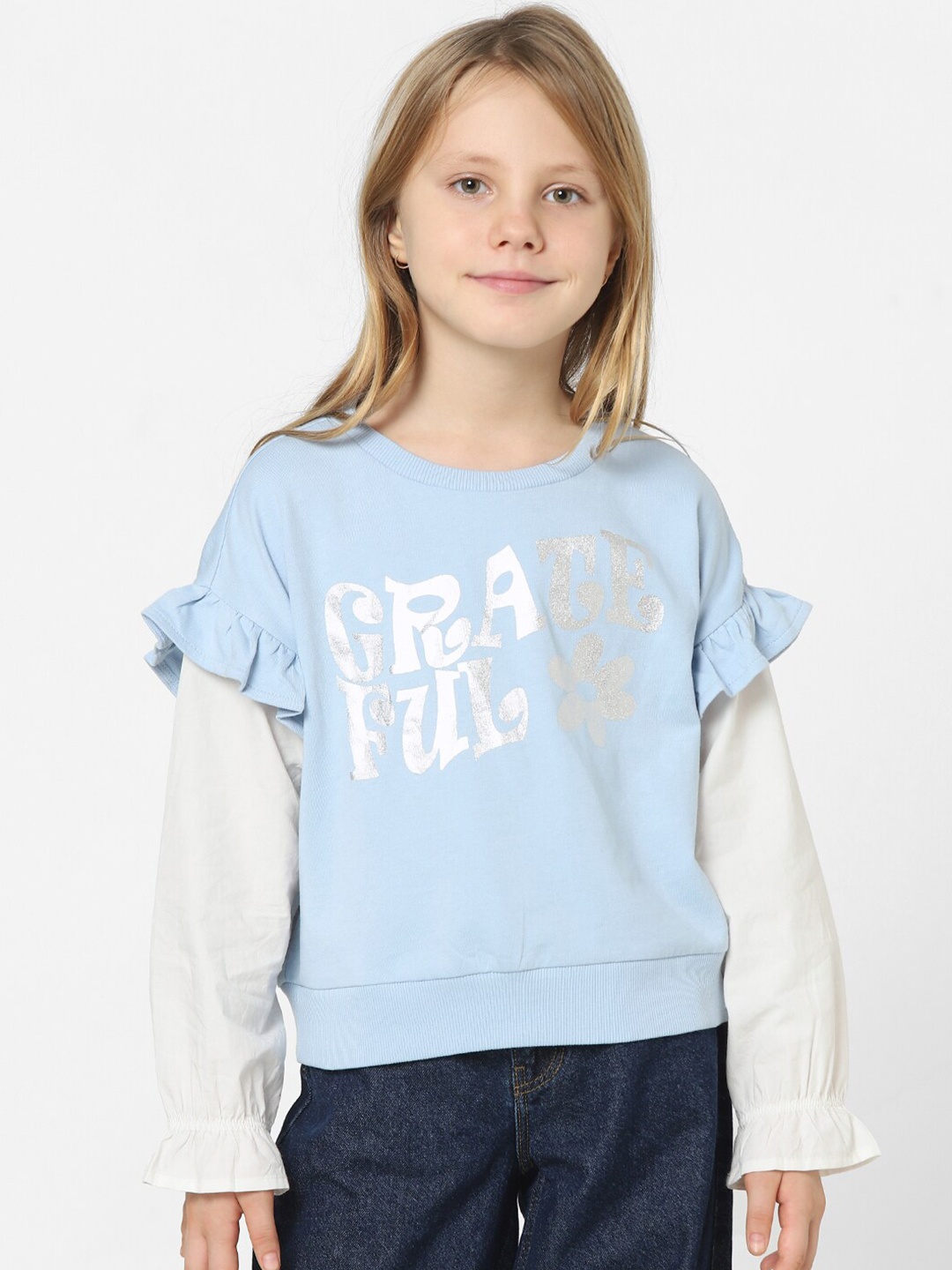 

KIDS ONLY Girls Pull Over Printed Layer Sleeves Sweatshirt, Blue