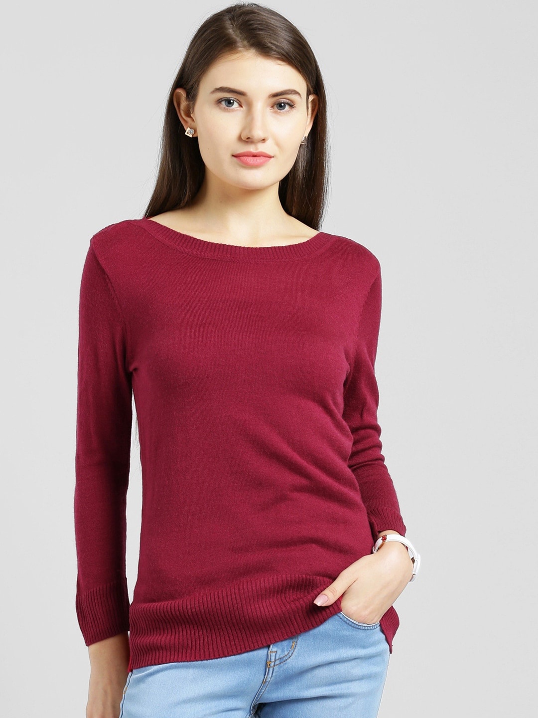 

Be Indi Women Ribbed Longline Pullover, Red