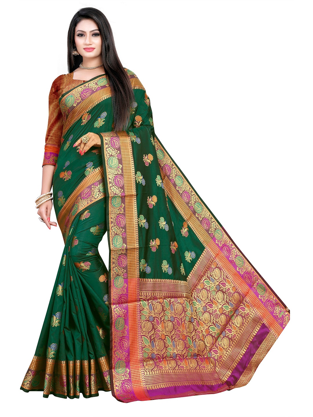 

Rivana Green & Red Woven Design Zari Banarasi Saree