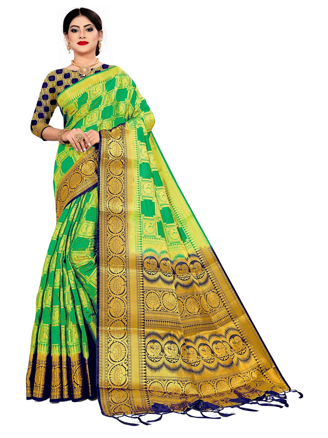 

Rivana Green & Blue Woven Design Zari Banarasi Saree