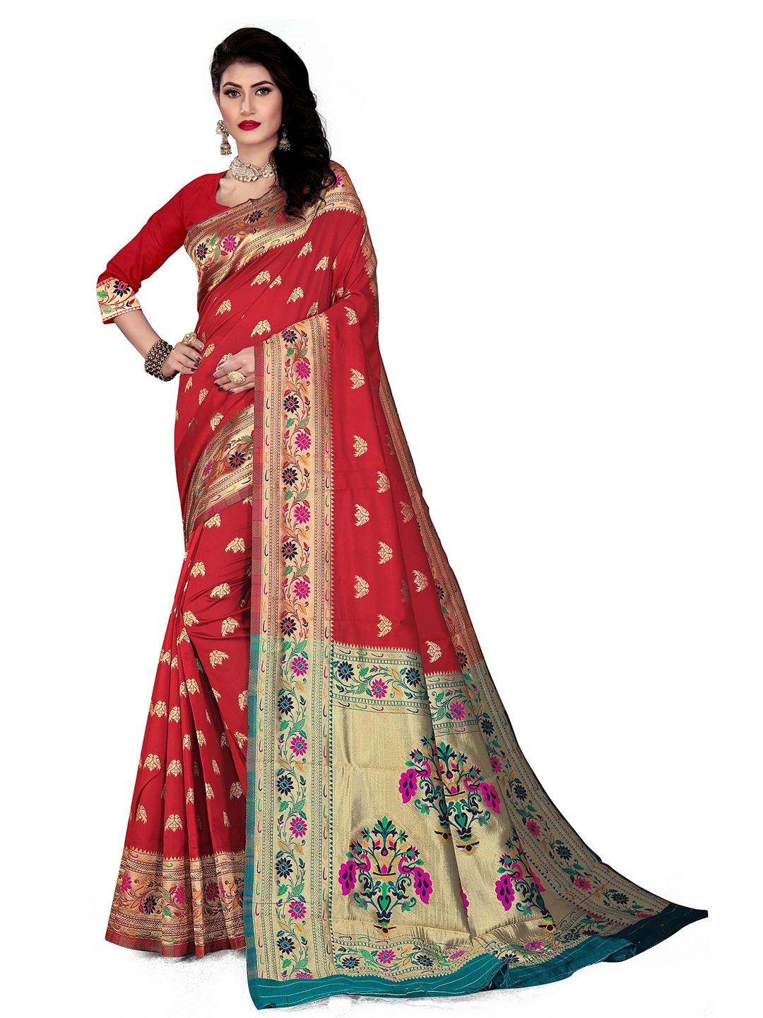 

Rivana Red Floral Zari Paithani Saree
