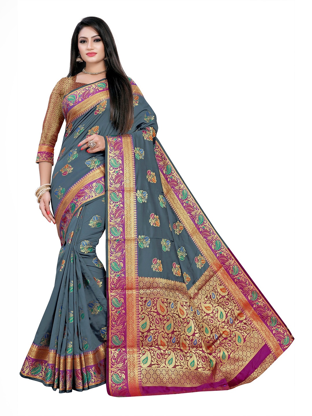 

Rivana Ethnic Motifs Zari Banarasi Saree, Grey