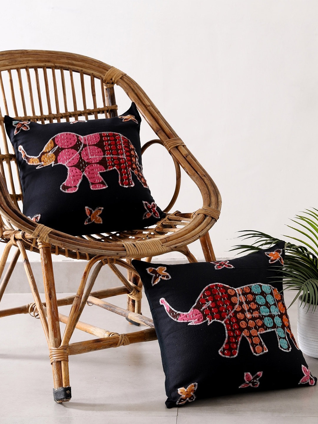 

HANDICRAFT PALACE Set of 2 Embroidered Square Cushion Covers, Black