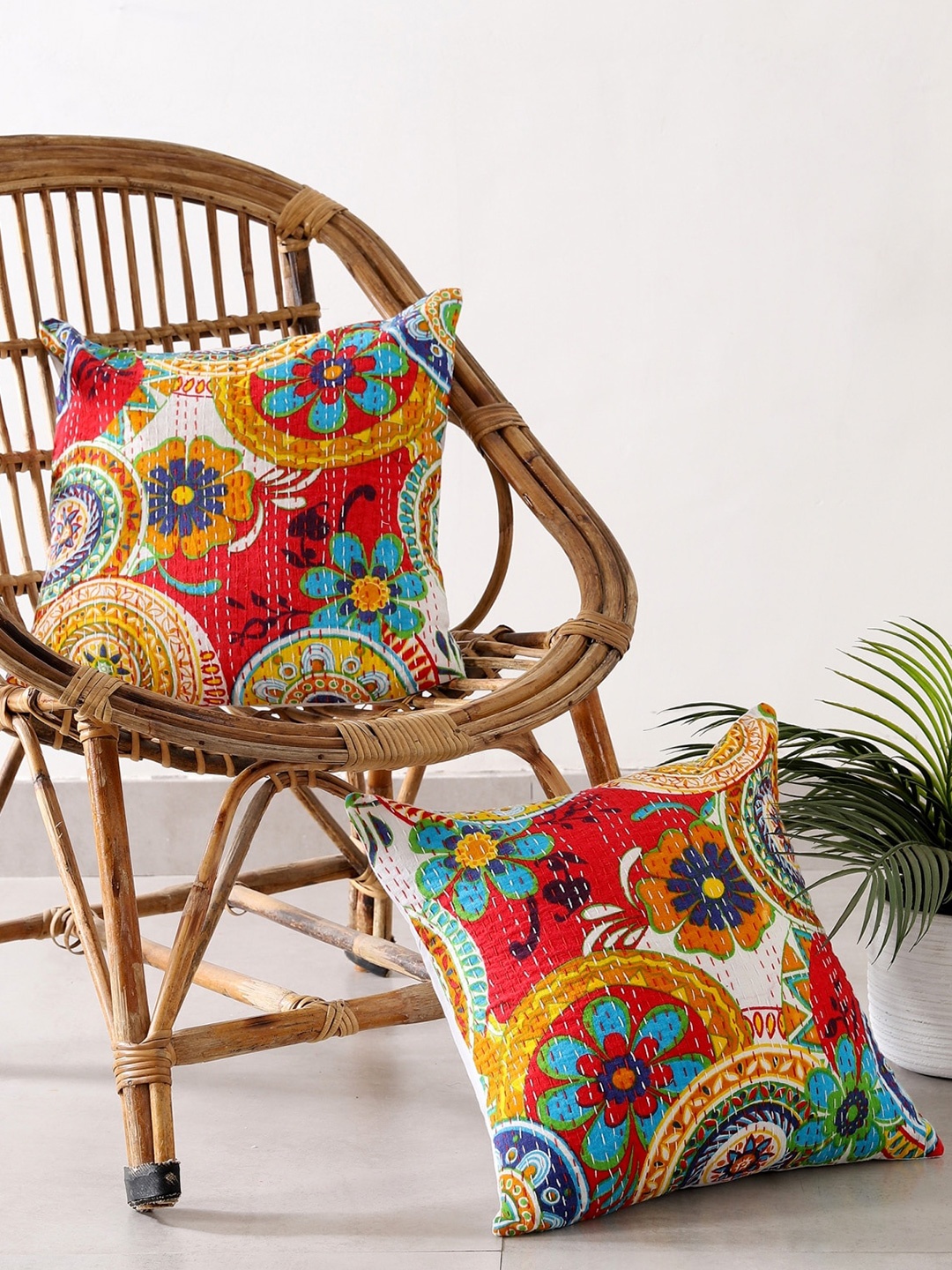 

HANDICRAFT PALACE Set of 2 Floral Embroidered Square Cushion Covers, White