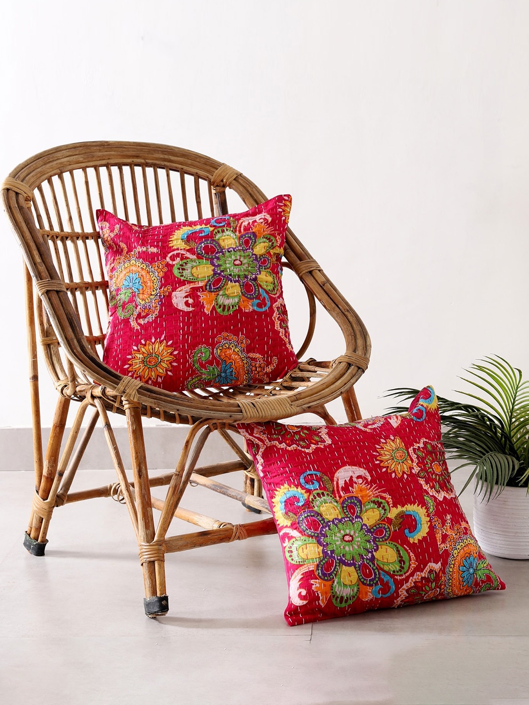 

HANDICRAFT PALACE Set of 2 Floral Embroidered Square Cushion Covers, Pink