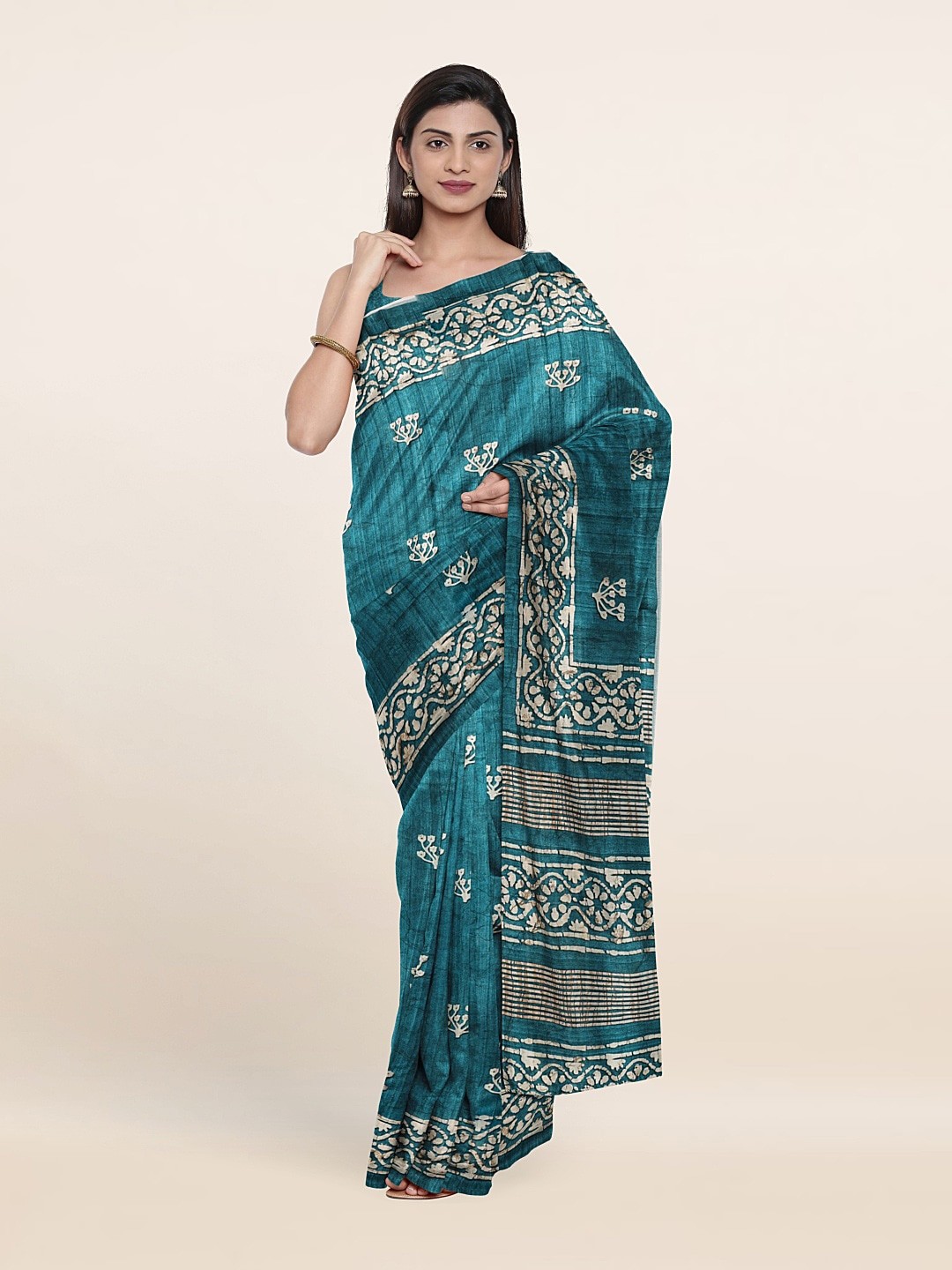 

Pothys Printed Ethnic Motifs Jute Silk Saree, Blue