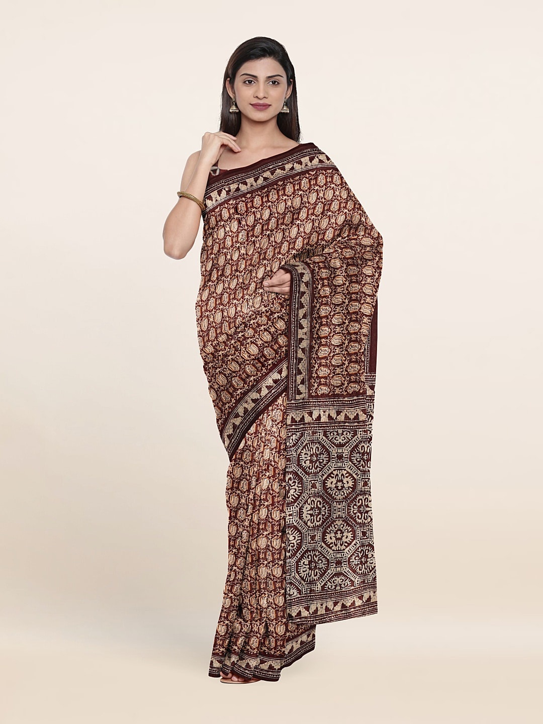 

Pothys Printed Woven Design Jute Silk Saree, Brown