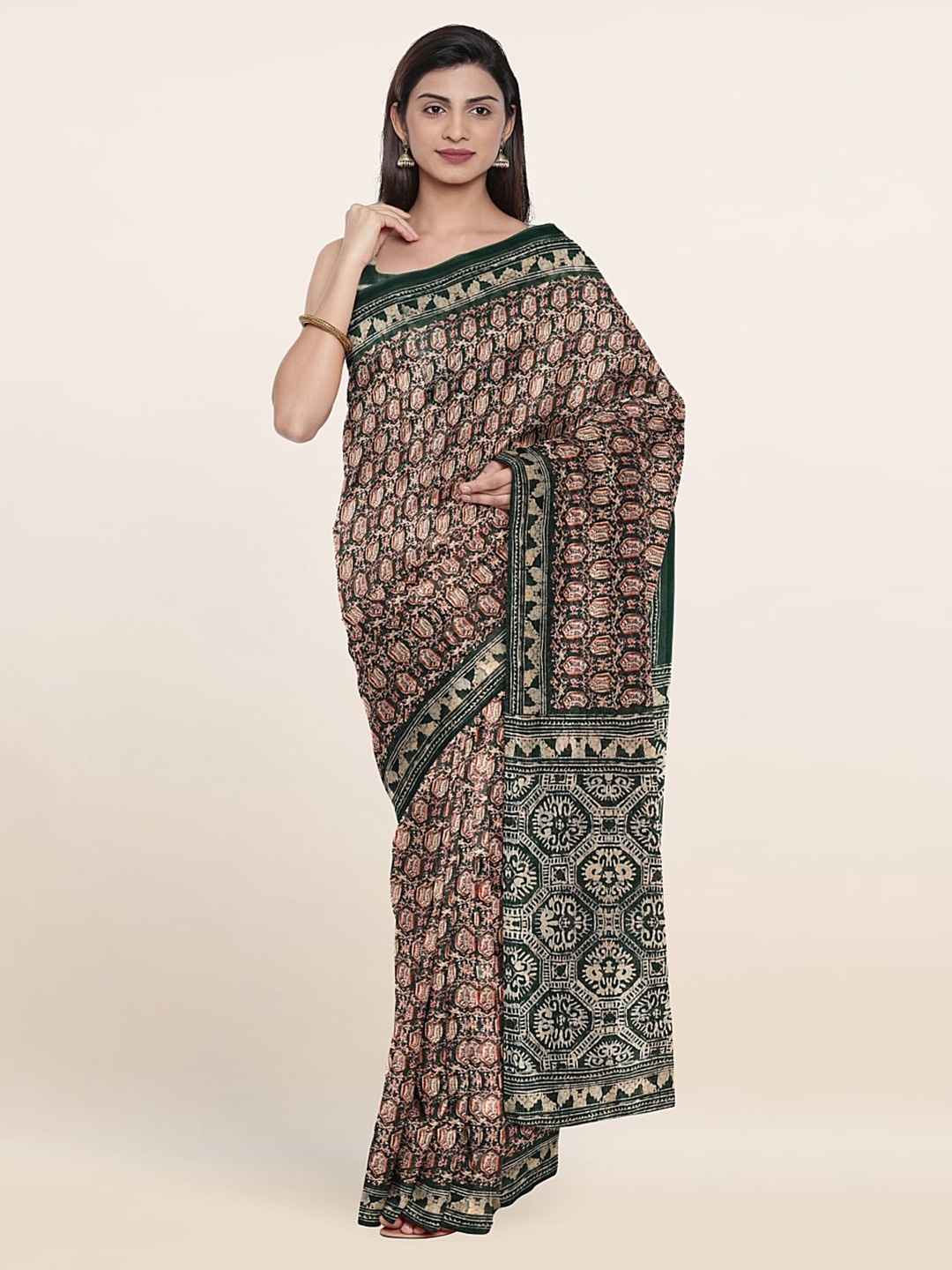 

Pothys Printed Ethnic Motifs Jute Silk Saree, Green
