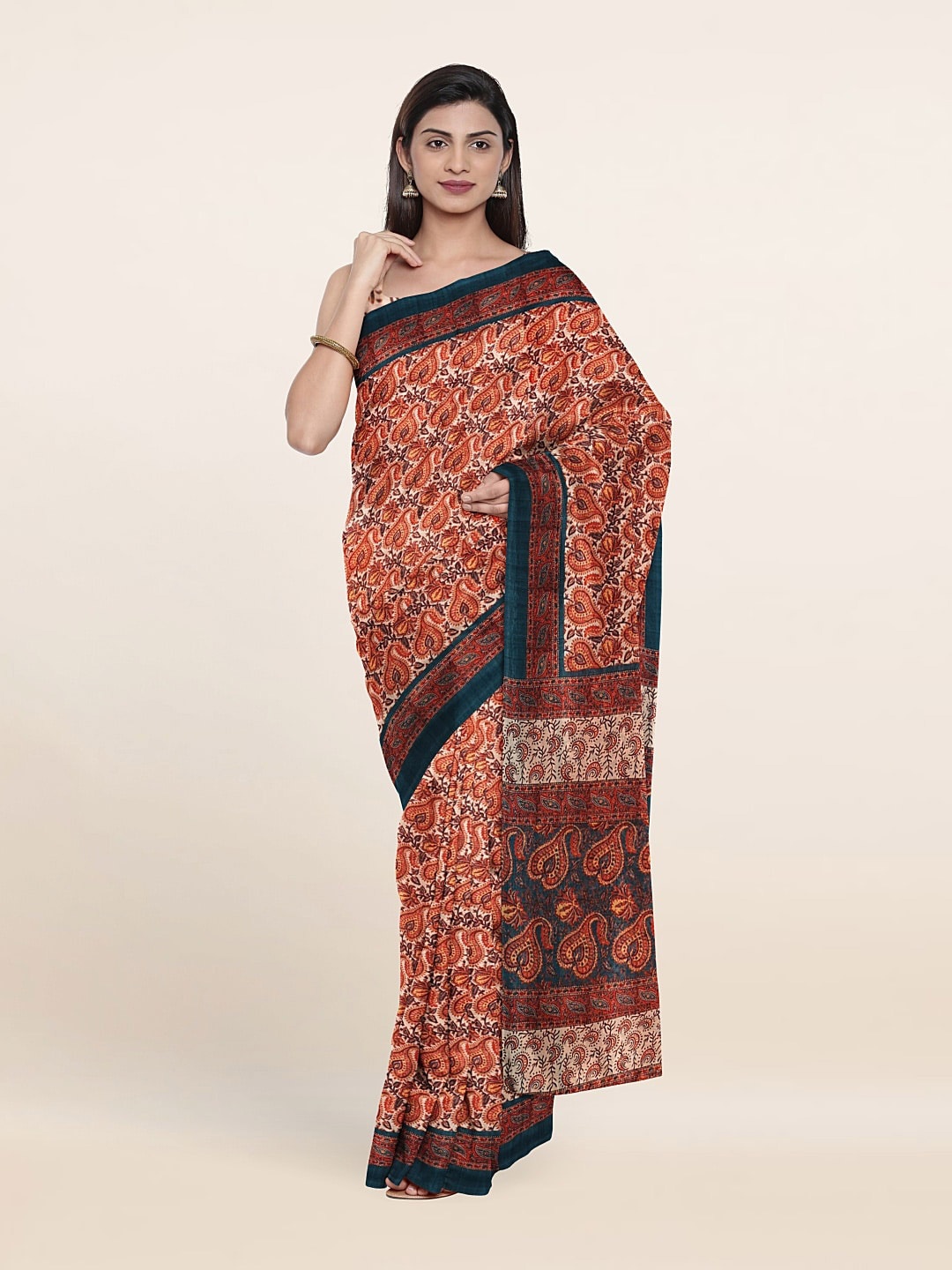 

Pothys Printed Ethnic Motifs Jute Silk Saree, Rust