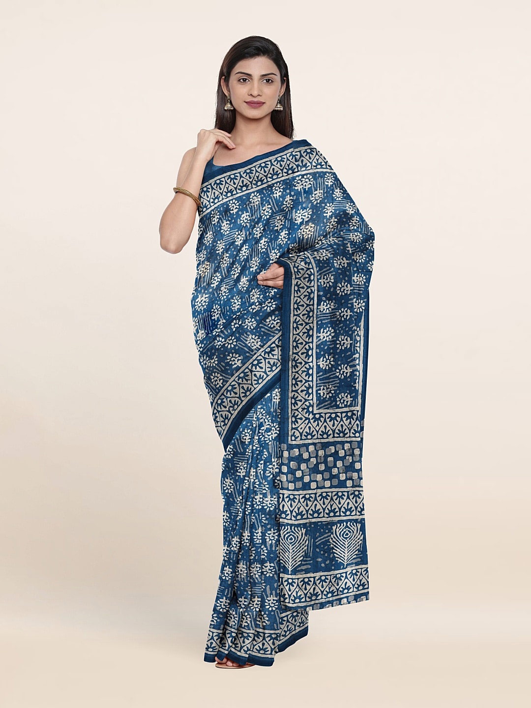 

Pothys Blue & White Floral Jute Silk Saree