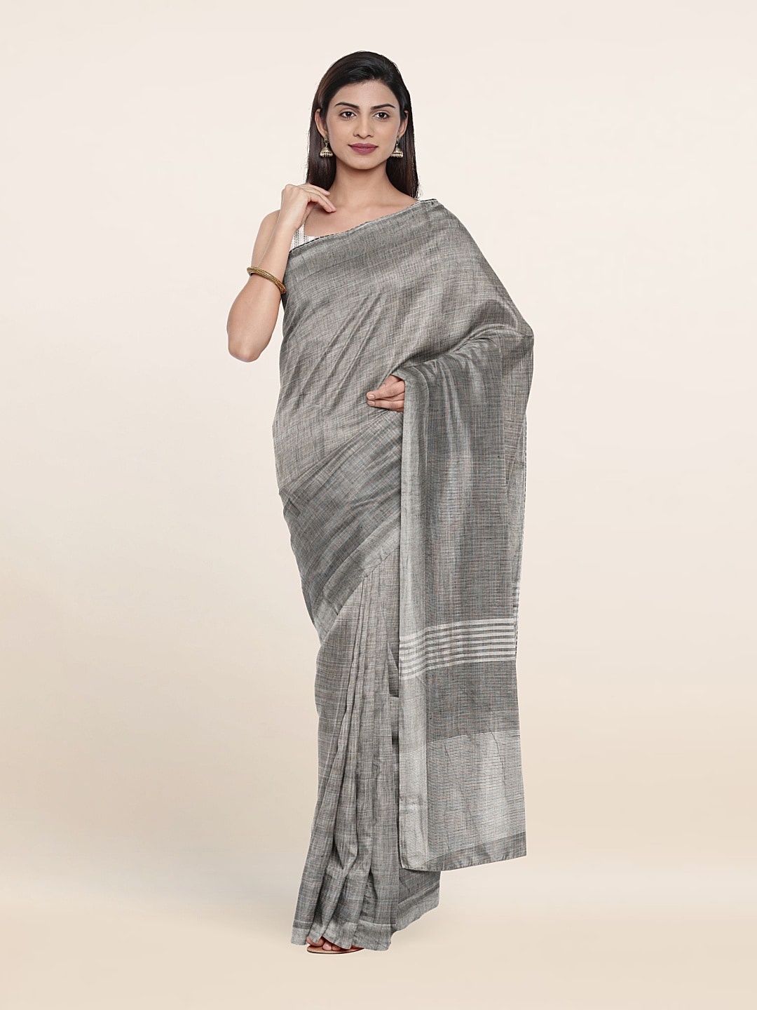 

Pothys Striped Zari Pure Linen Saree, Grey