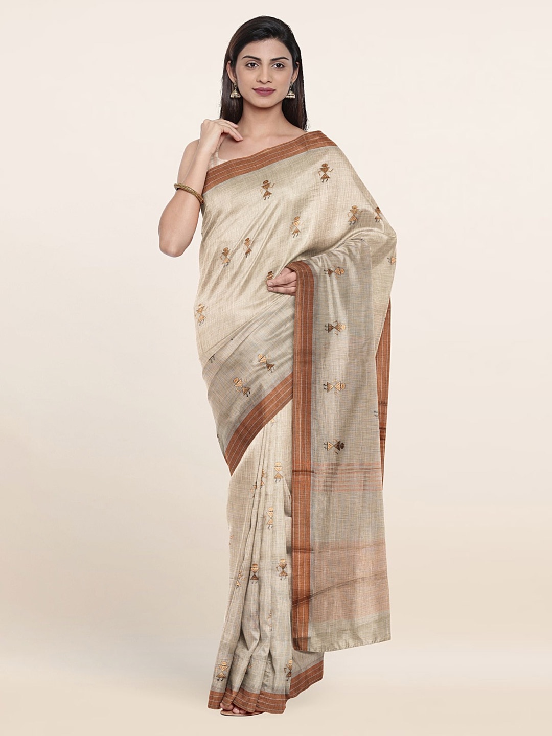 

Pothys Woven Design Zari Pure Linen Saree, Tan
