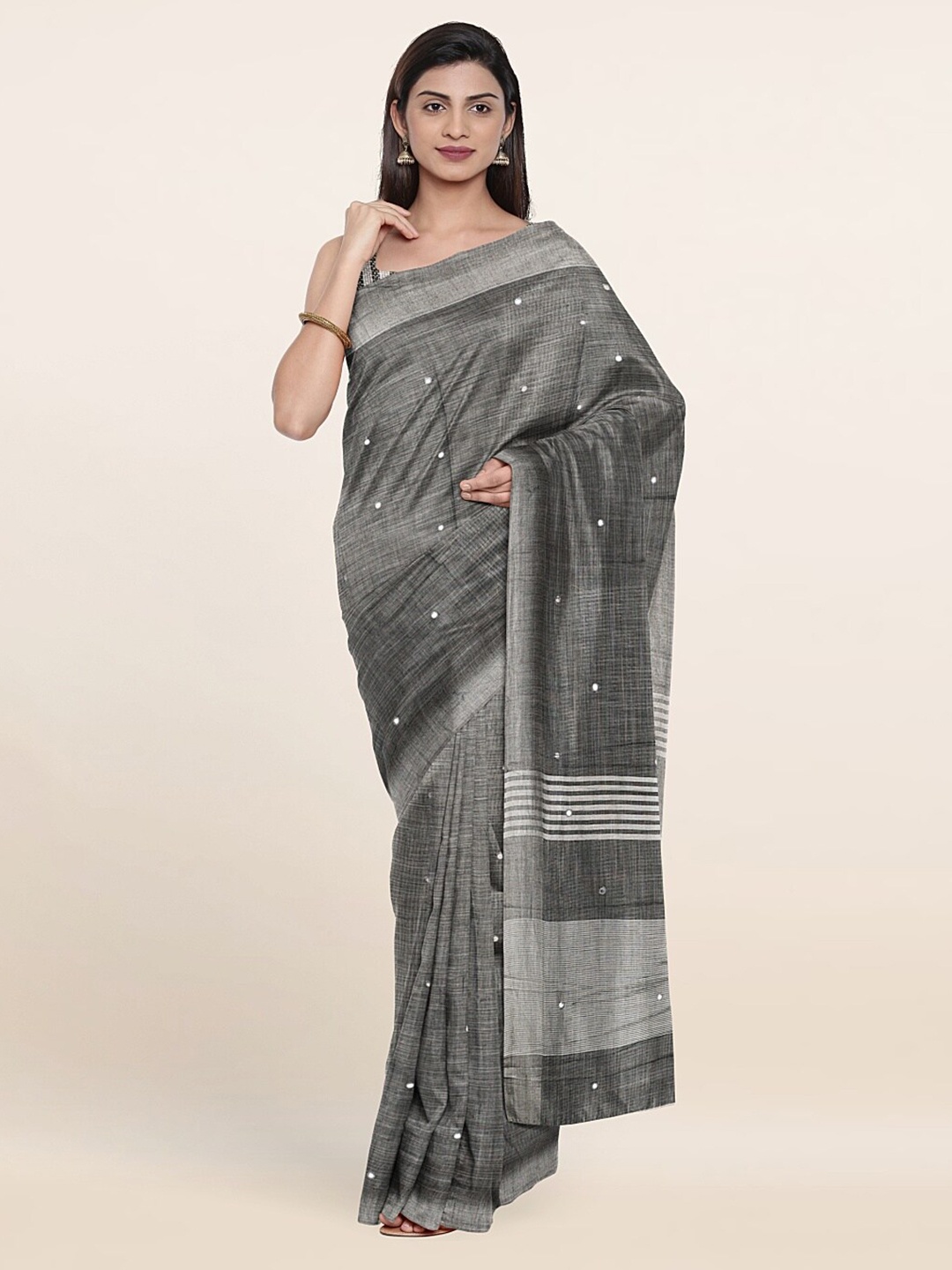 

Pothys Embellished Zari Pure Linen Saree, Grey